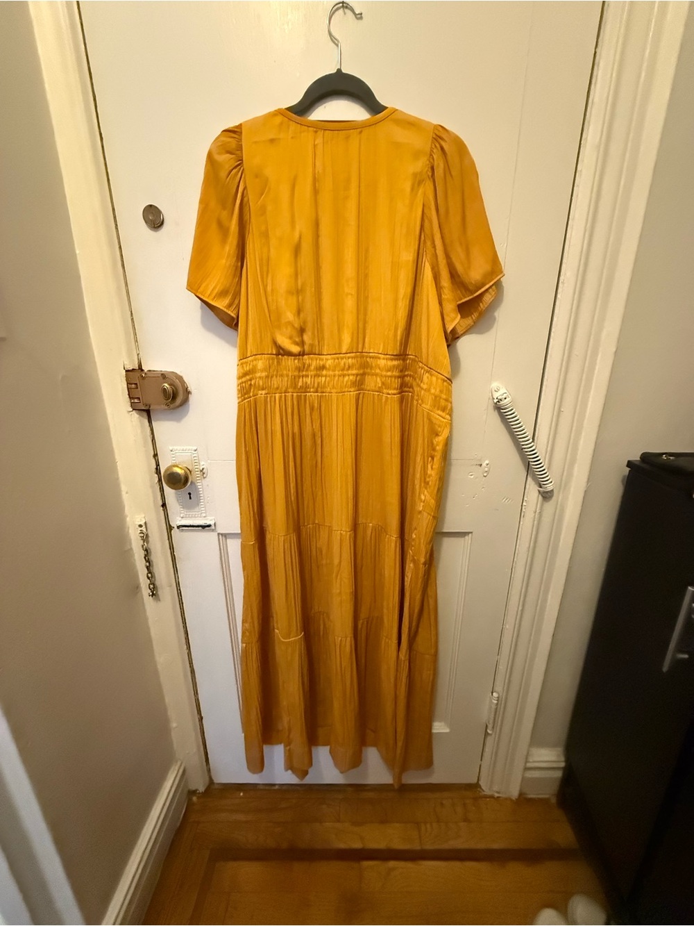 Anthropologie Somerset Yellow Satin Tiered Midi Dress - Picture 3 of 5